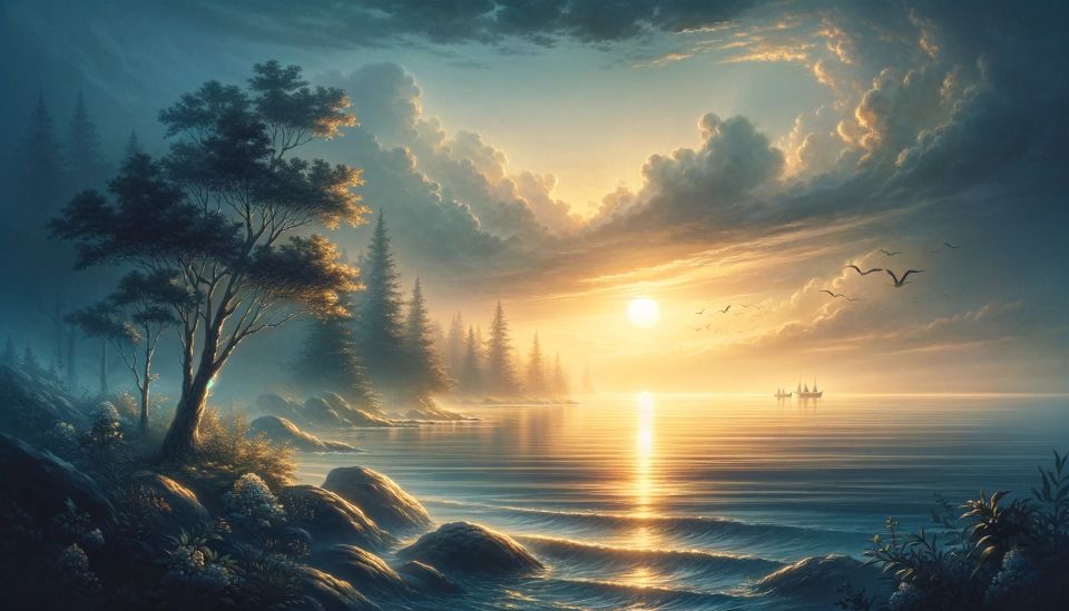 Dall·e 2024 04 22 15.16.01   a serene landscape depicting a sunrise over a calm sea  symbolizing new beginnings and eternal peace. this metaphorical portrayal resonates with the t