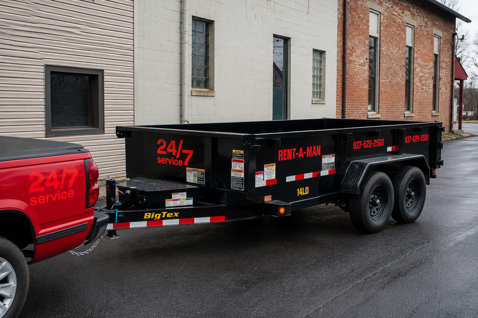 Black Rent-A-Man trailer dumpster attached to a pickup truck.