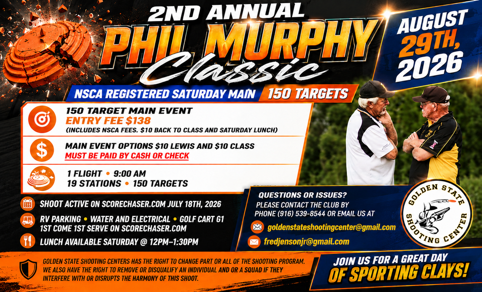 Flyer for PITA Registered Shoot on August 29-30, 2026 at Golden State Shooting Center. Includes 9:00 AM start times for Singles, Handicap, and Doubles events, entry fees, daily fees, special category payouts, and contact information.