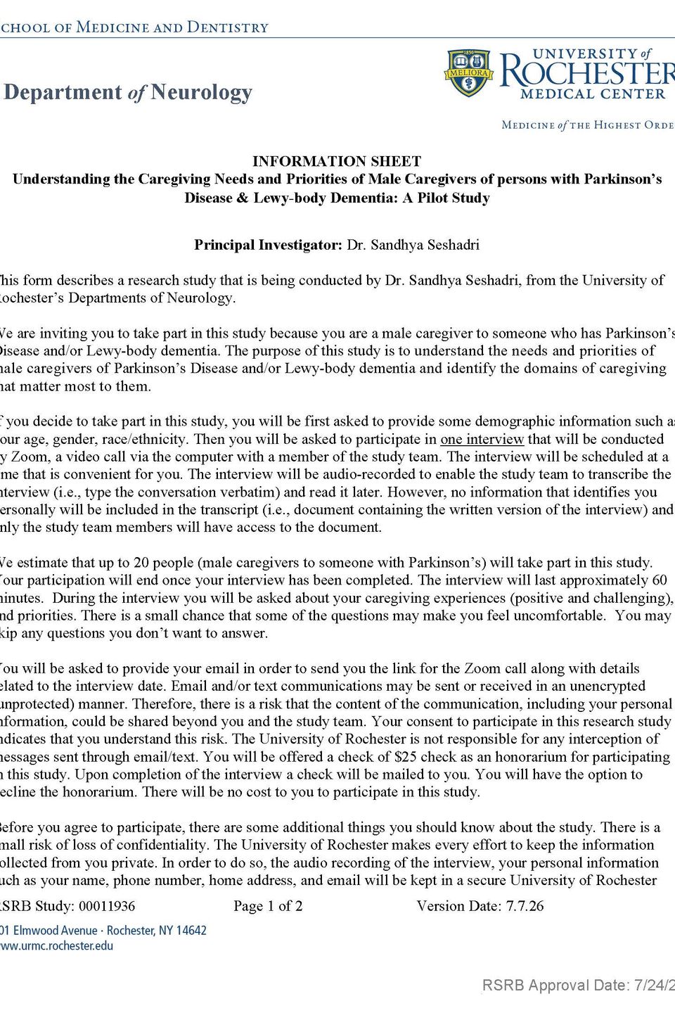 Priorities of male caregivers information sheet page 1