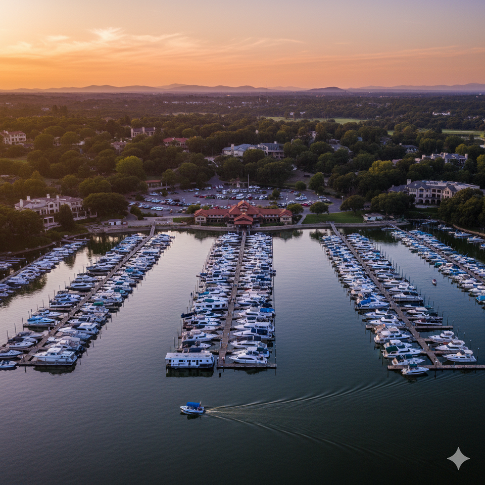 Aerial view of the Granite Bay boat launch and marina at sunset, highlighting the luxury lakeside community served by Gooses Carpet & Stone Care.