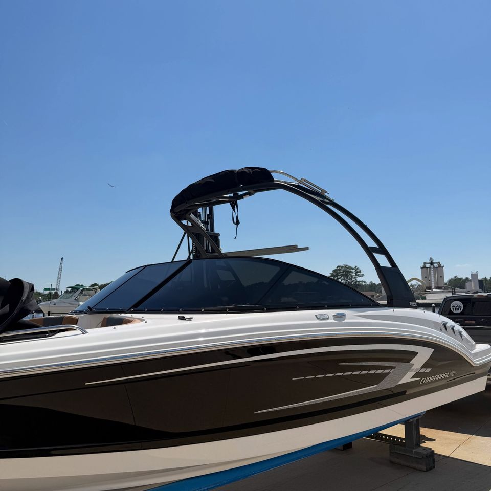 Chaparral bowrider boat with dark marine tint on the wraparound windshield in Moyock North Carolina