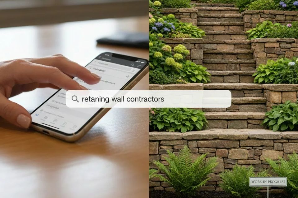 Homeowner searching for local retaining wall contractors on smartphone next to tiered stone garden wall