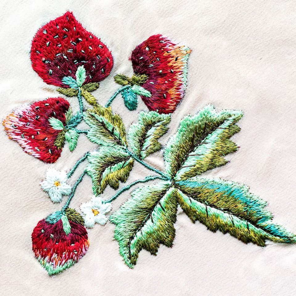 Embroidery design with strawberries growing on a strawberry plant