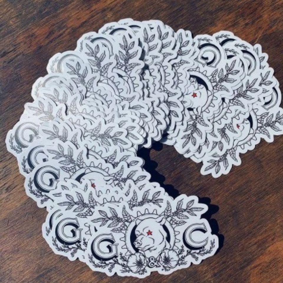 Grey and cash logo stickers