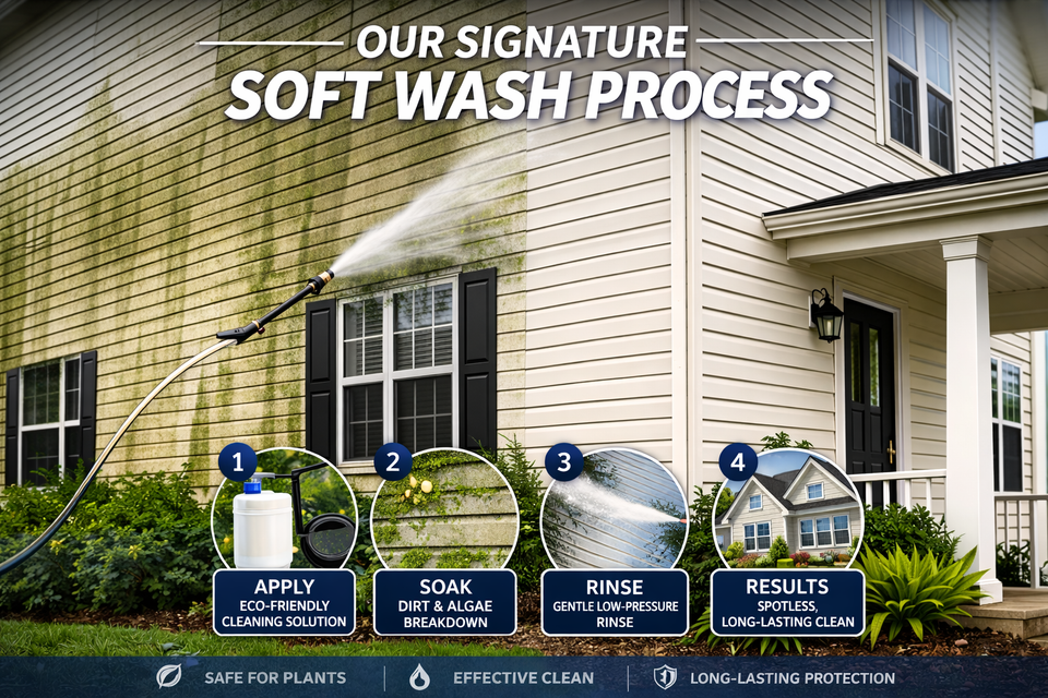 Safe residential soft wash house cleaning removing green algae from vinyl siding in Louisville, KY