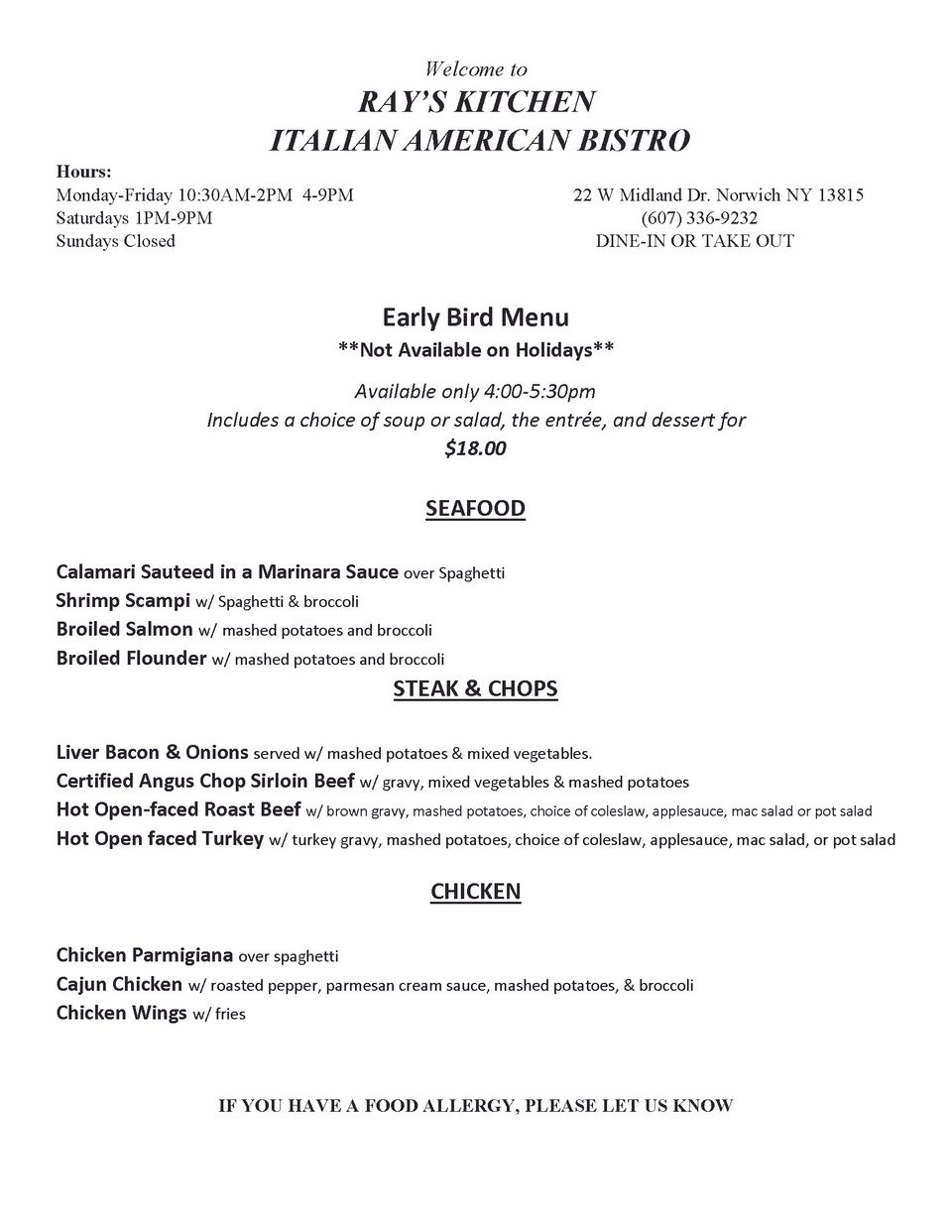 Early bird menu  page 1