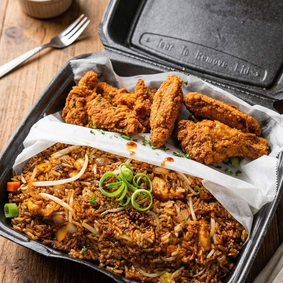 Korean‑style fried chicken wings with Wing Dash’s iconic St. Louis‑style fried rice in a takeout container from Wing Dash in Lewisville, Texas.
