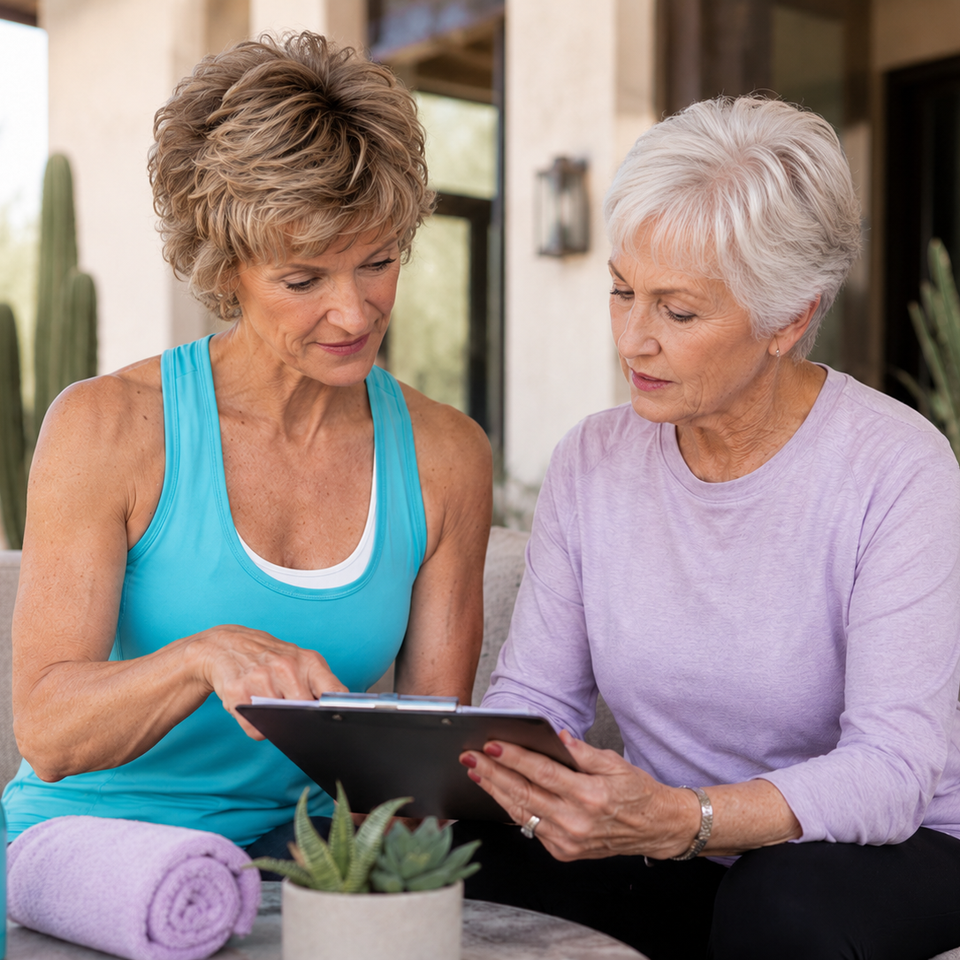 Dianne Cumberland reviewing a personalized wellness plan with an older adult client
