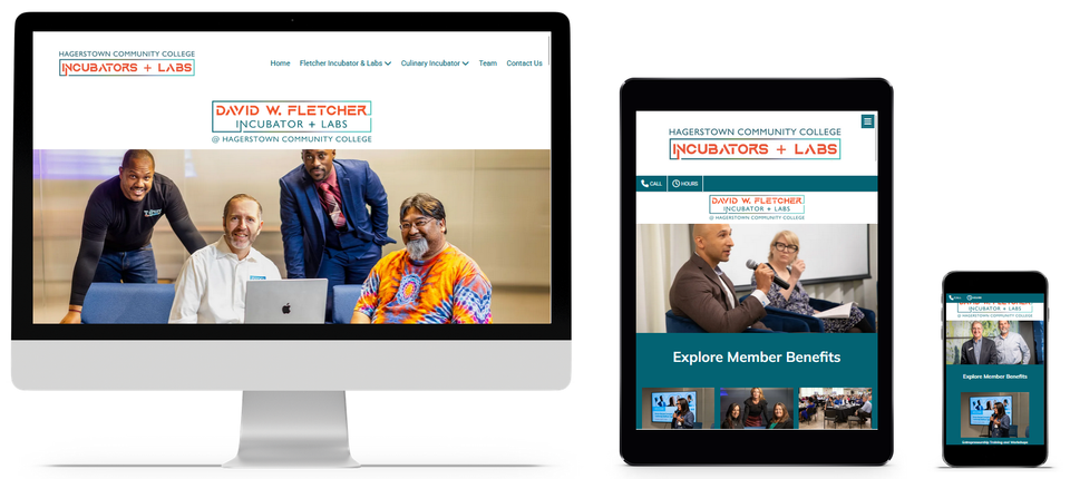 Responsive website design for David W. Fletcher Incubator and Labs at Hagerstown Community College displayed on desktop, tablet, and mobile screens.