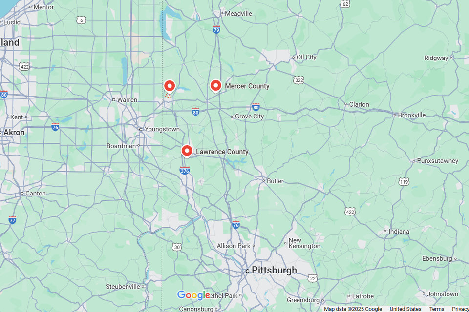 Map showing the R.E.P. Companies service area, including Sharpsville, Mercer County, and Lawrence County in Pennsylvania for handyman, landscaping, lawn care, demolition, light grading, and property maintenance services.