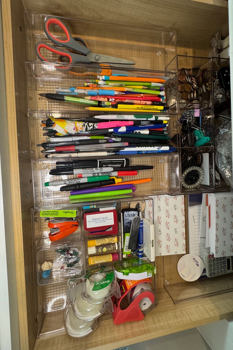 office supplies organized in drawer