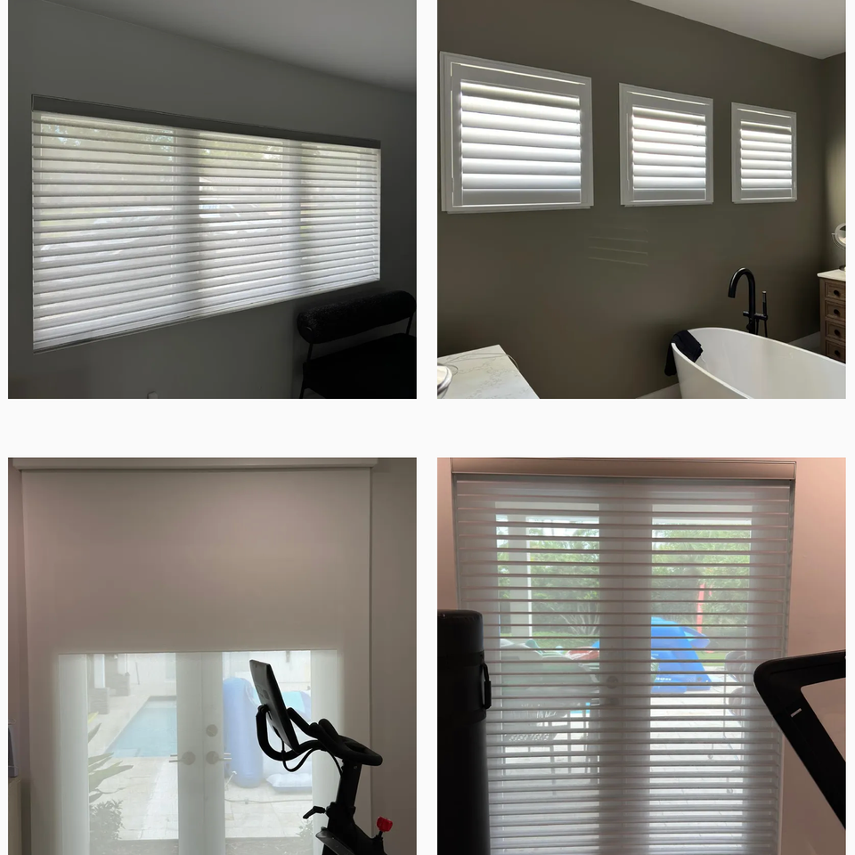 BJ&S Blinds installations featuring horizontal sheer shades, plantation shutters in a bathroom, and roller shades in a home gym and living area
