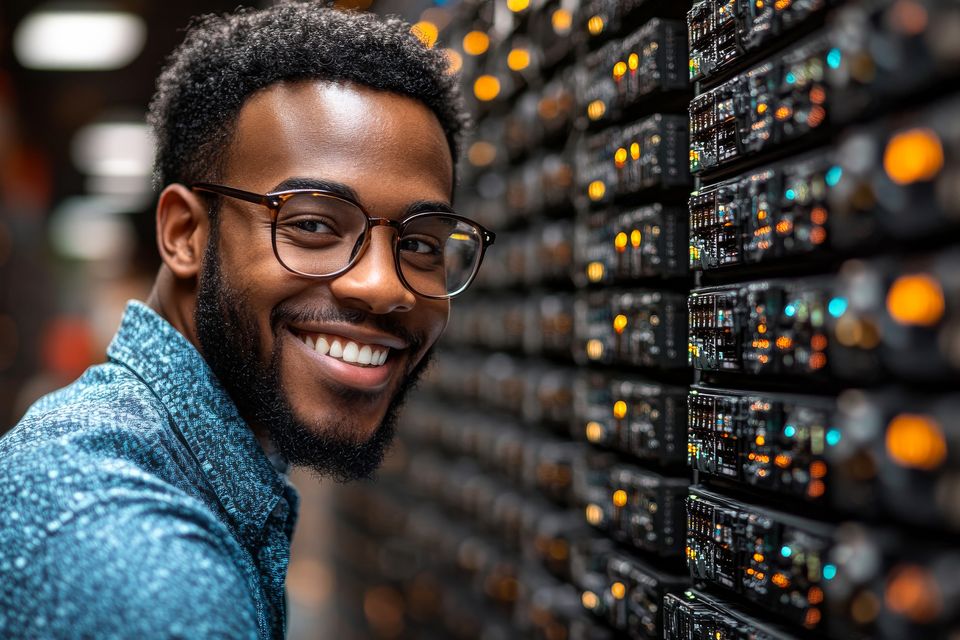 1920 a man with glasses is smiling at the camera in front of a row of computer servers the servers are lit up giving the impression of a busy and active workspace