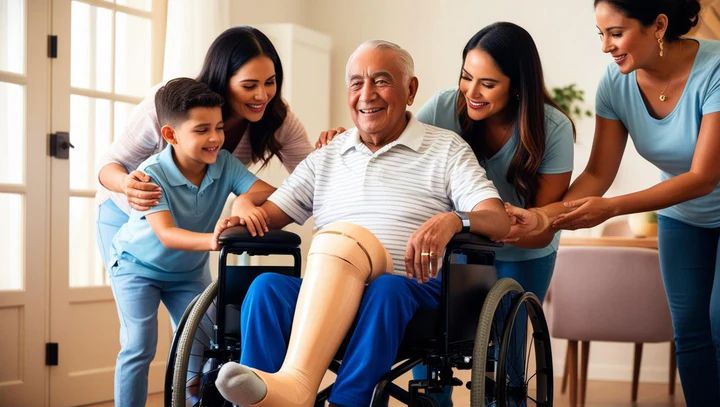 A male senior with a leg in a cast sitting in a wheelchair with family around 074d236c a293 4e9d 9967 02c5ac92741f