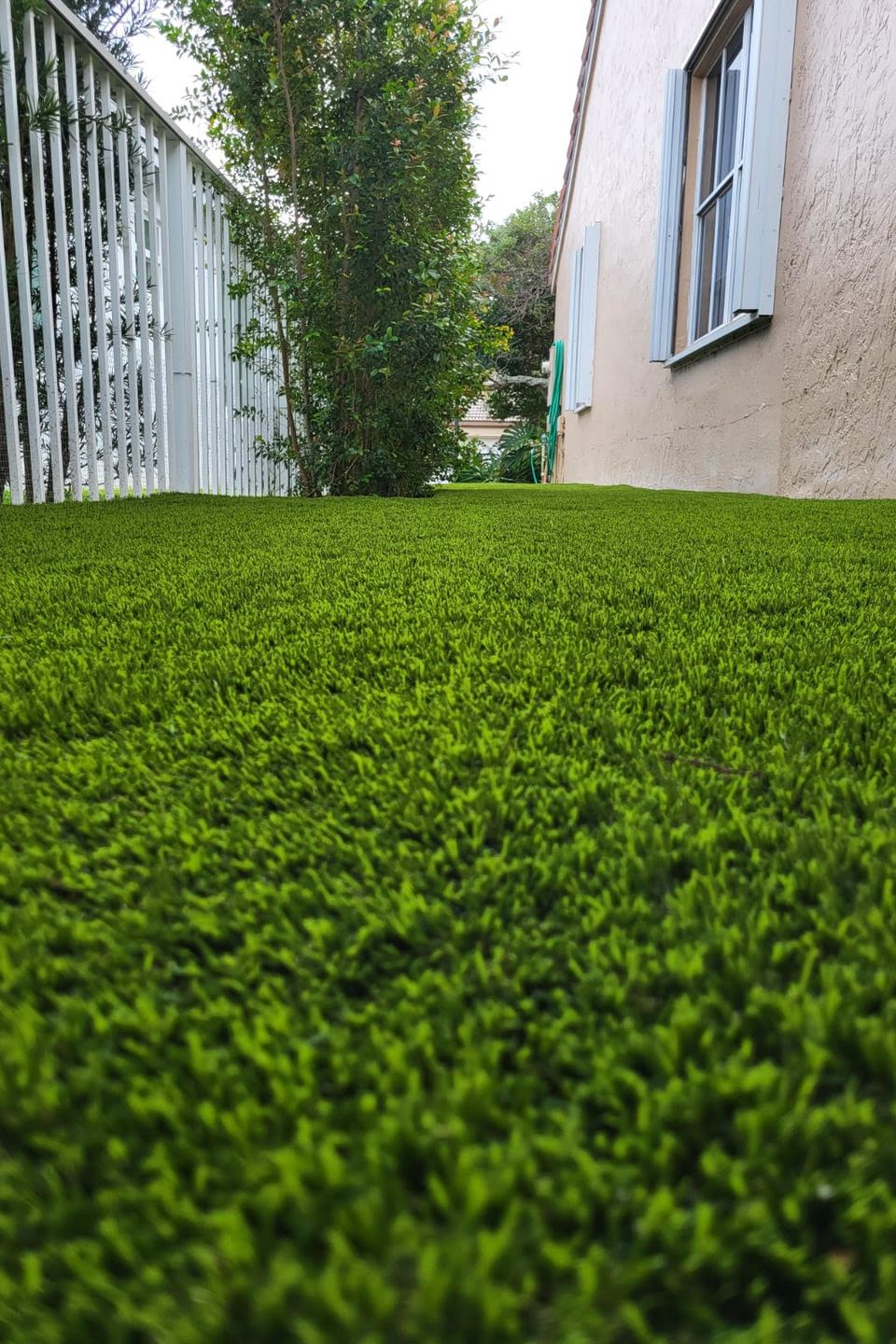 Close up of fake grass near fence line