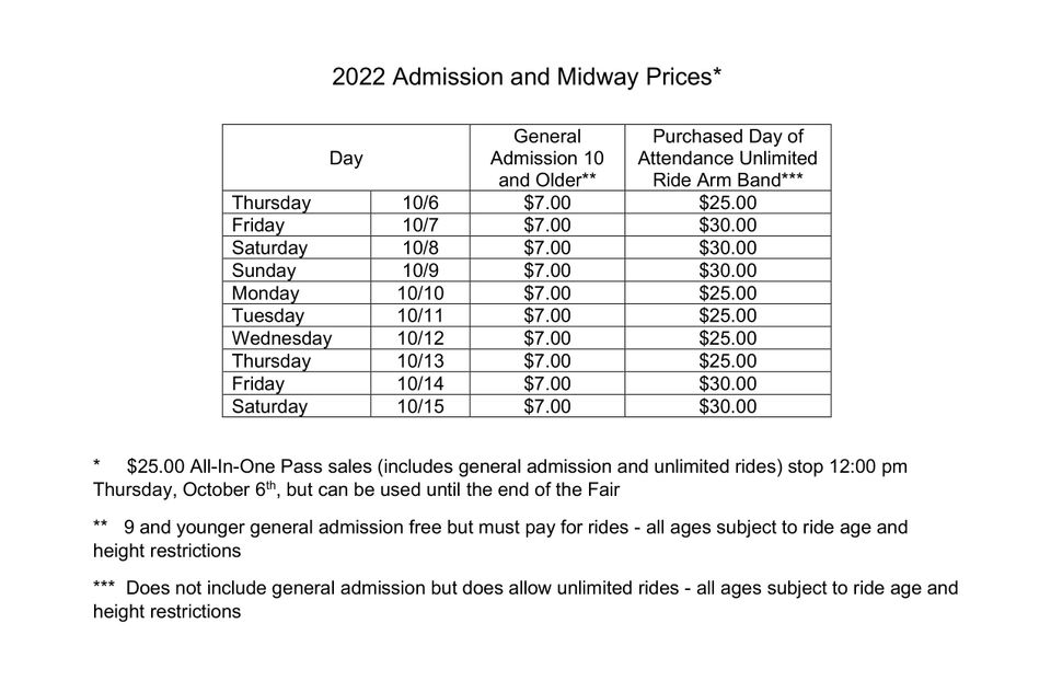Fair admission arm band and ticket prices 2022