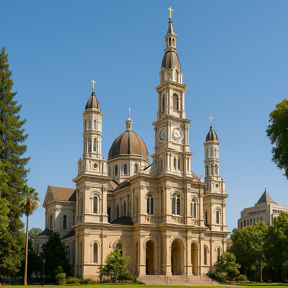Cathedral of the Blessed Sacrament in Sacramento, California, with ornate dome, clock tower, and twin spires framed by trees