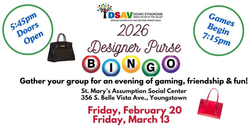 DSAV 2026 Designer Purse Bingo event flyer featuring event dates, location, game times, and designer purse prizes.