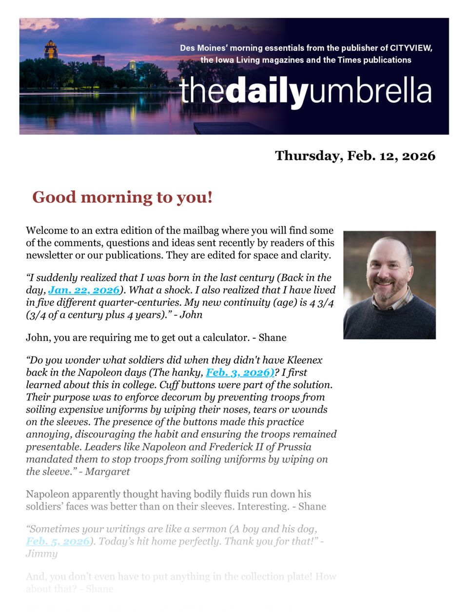 Daily umbrella feb. 12  one dead  dozens injured in bus crash   2.14 gas  why don’t snowmen win races  1