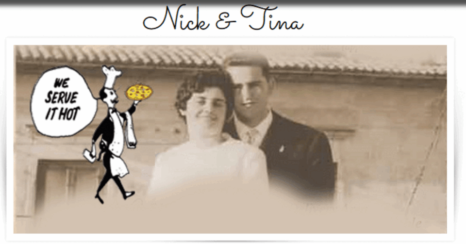 Vintage photos of Cocca’s Pizza founders, Nick and Tina, and their family.