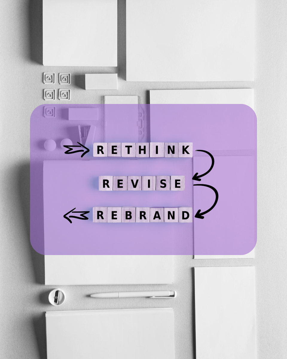 graphic with the words rethink, revise, rebrand rebrand, small business rebranding, rebranding guide, rebranding strategies, tms digital