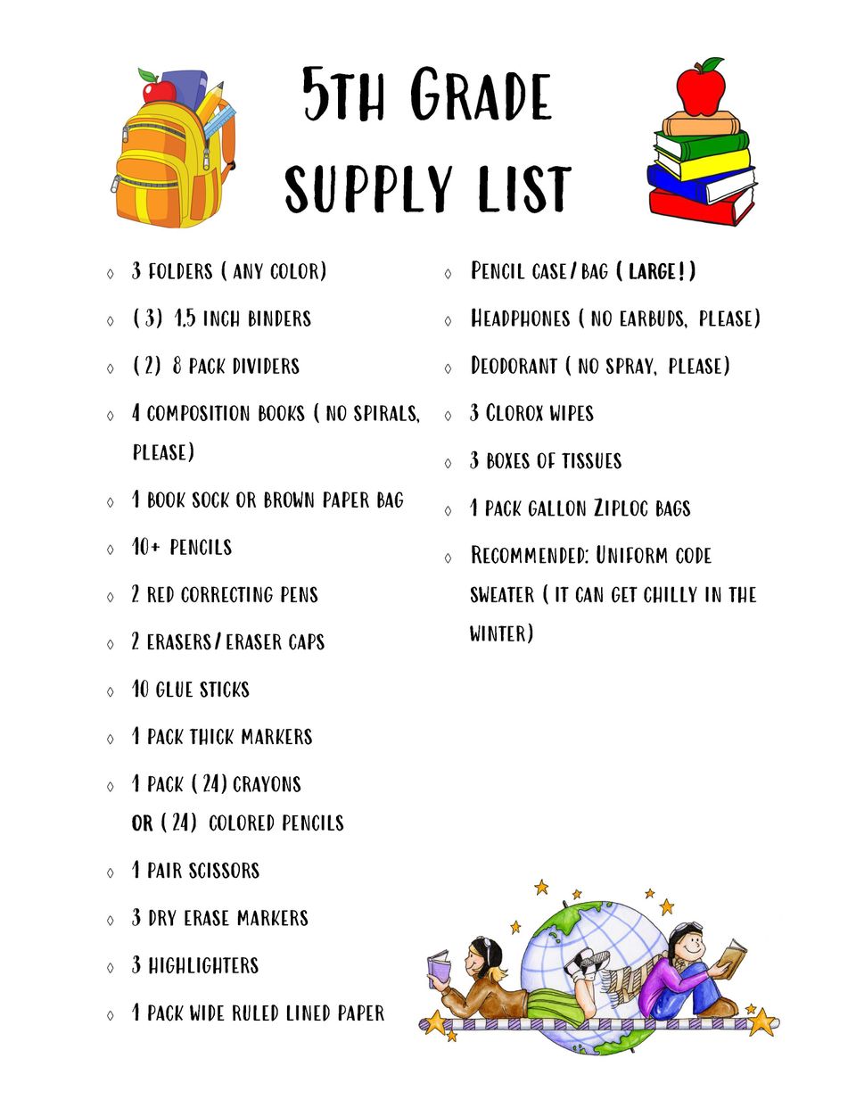 5th grade 2023 24 supply list