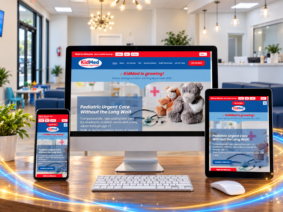 KidMed website displayed on devices in a bright lobby