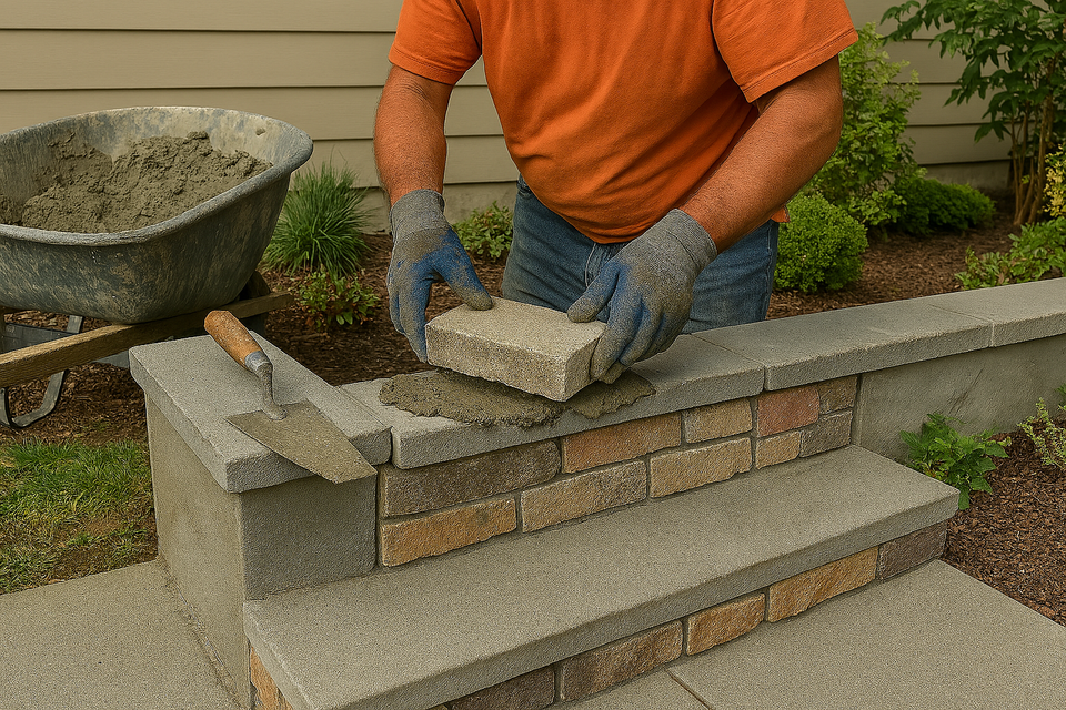 Masonry worker placing stone block with mortar on outdoor retaining wall during residential construction