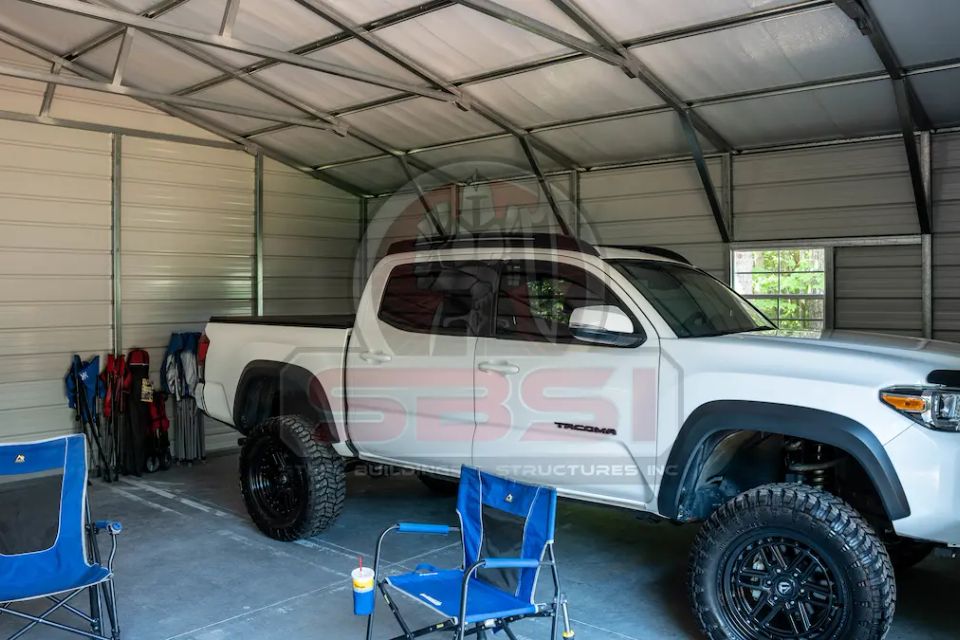 Truck inside steel building, with SBSI watermark representing steel building interiors in Alabama