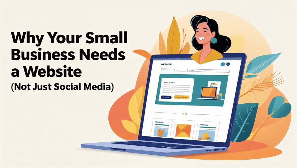 Why your small business needs a website – not just social media (illustration of woman and laptop with website layout)