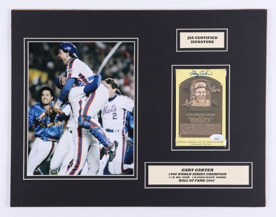 Main 1636478113 gary carter signed mets 14x18 custom matted hall of fame post card display jsa coa pristineauction.com