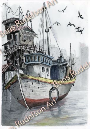 Boat. Watercolor and Inc. 12" x 8 1/2"