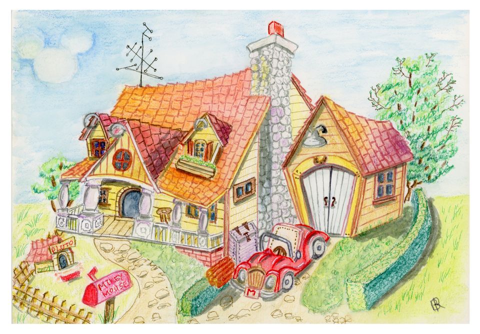 Whimsical cartoon house with red roof, stone chimney, and two-story design. A red vintage car is parked by a green hedge. Sky is clear and blue.