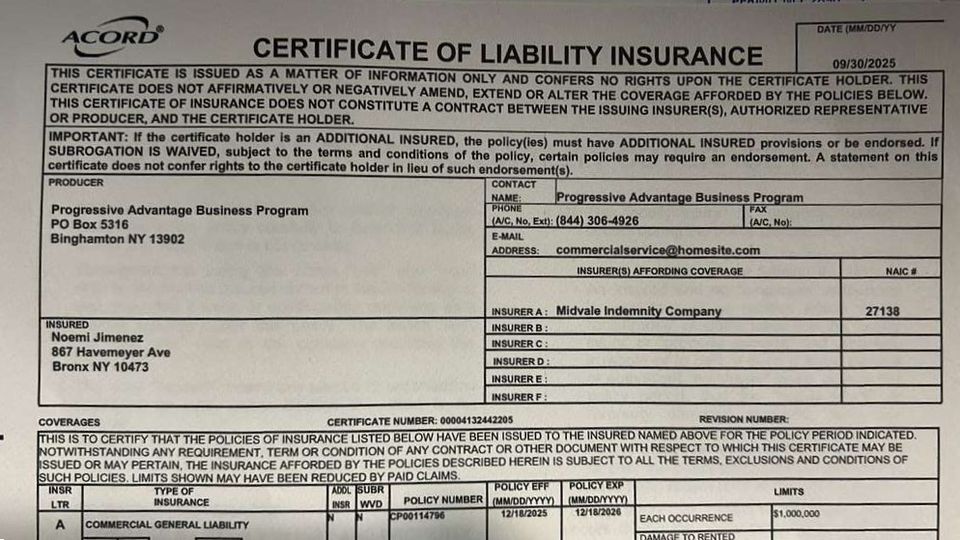 Noemi's Cleaning Services Certificate Of Liability Insurance