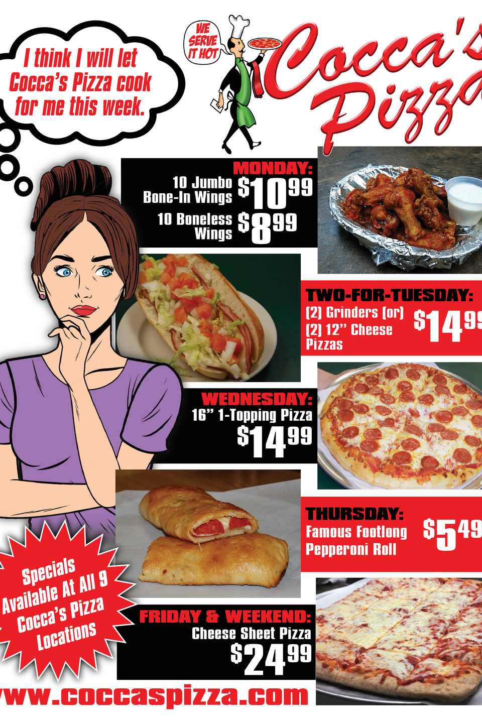 Final   coccas pizza lady thinking ad with specials
