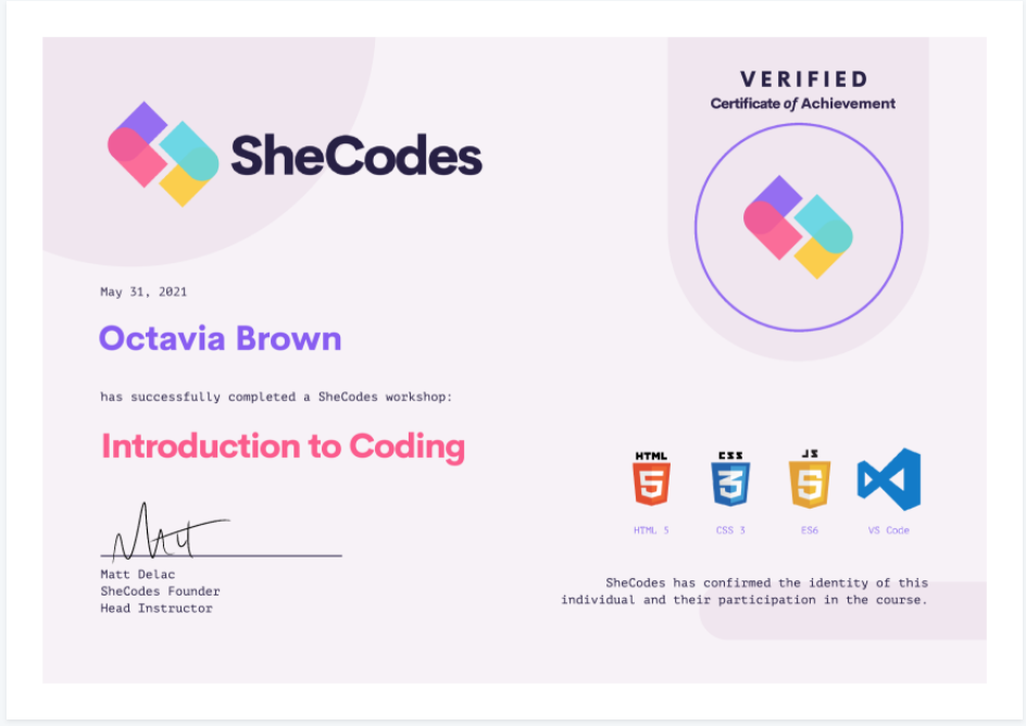Shecodes basics certificate