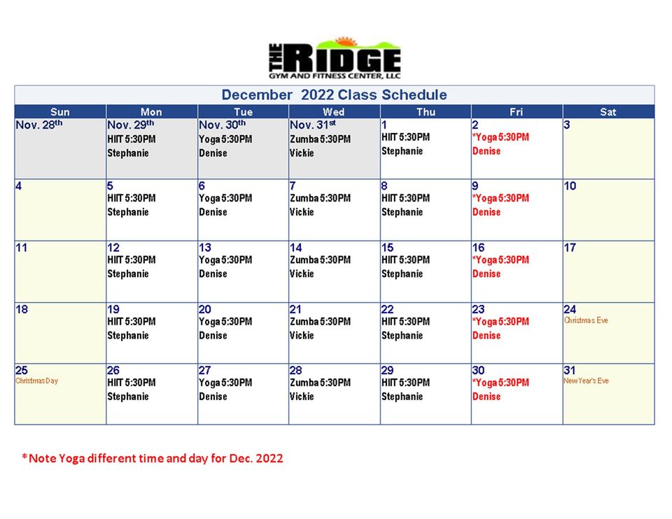 Dec. 2022 class schedule