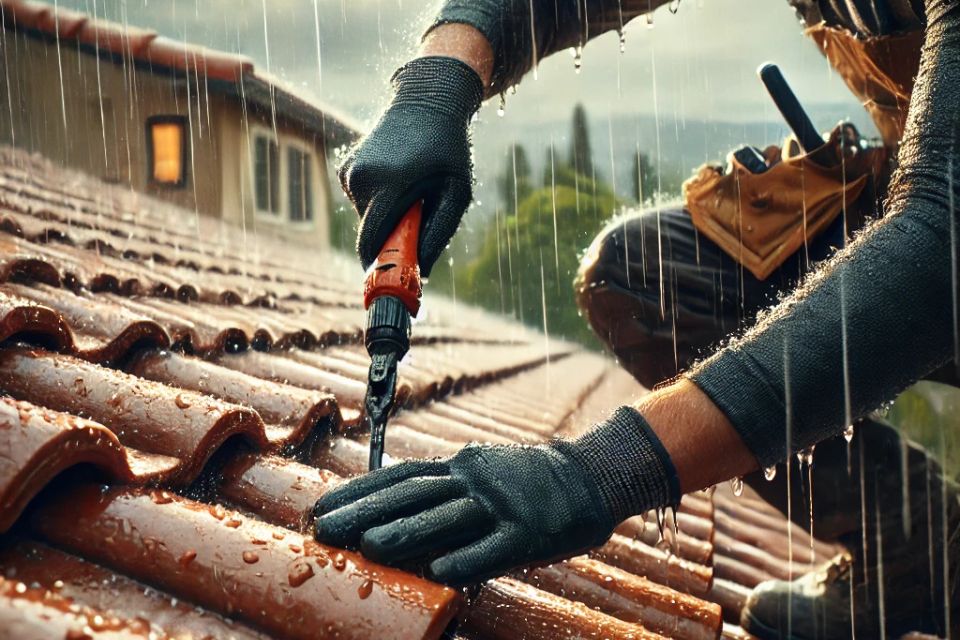Dall·e 2025 09 08 13.16.07   a highly photorealistic close up image of a roofer working during light rain on a residential california style house. the focus is on the roofer’s glo