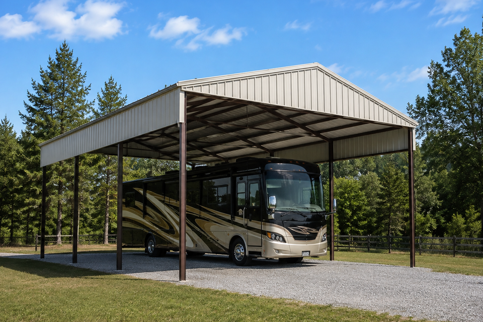 Steel RV cover with metal roof sheltering a motorhome on a gravel pad in Knoxville TN