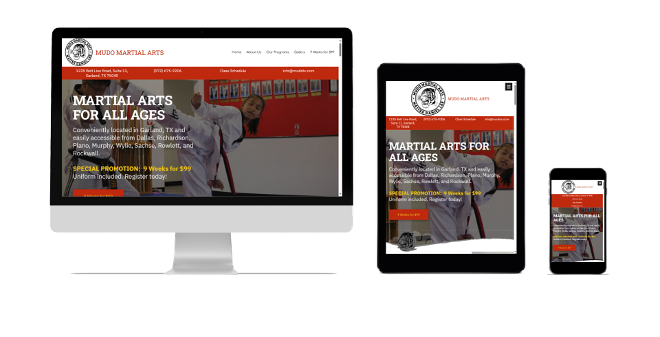 A large monitor, a tablet, and a smartphone each displaying the homepage of an affordable responsive website for a local martial arts studio in Garland, Texas designed by GloboWeb Website Design & Digital Agency