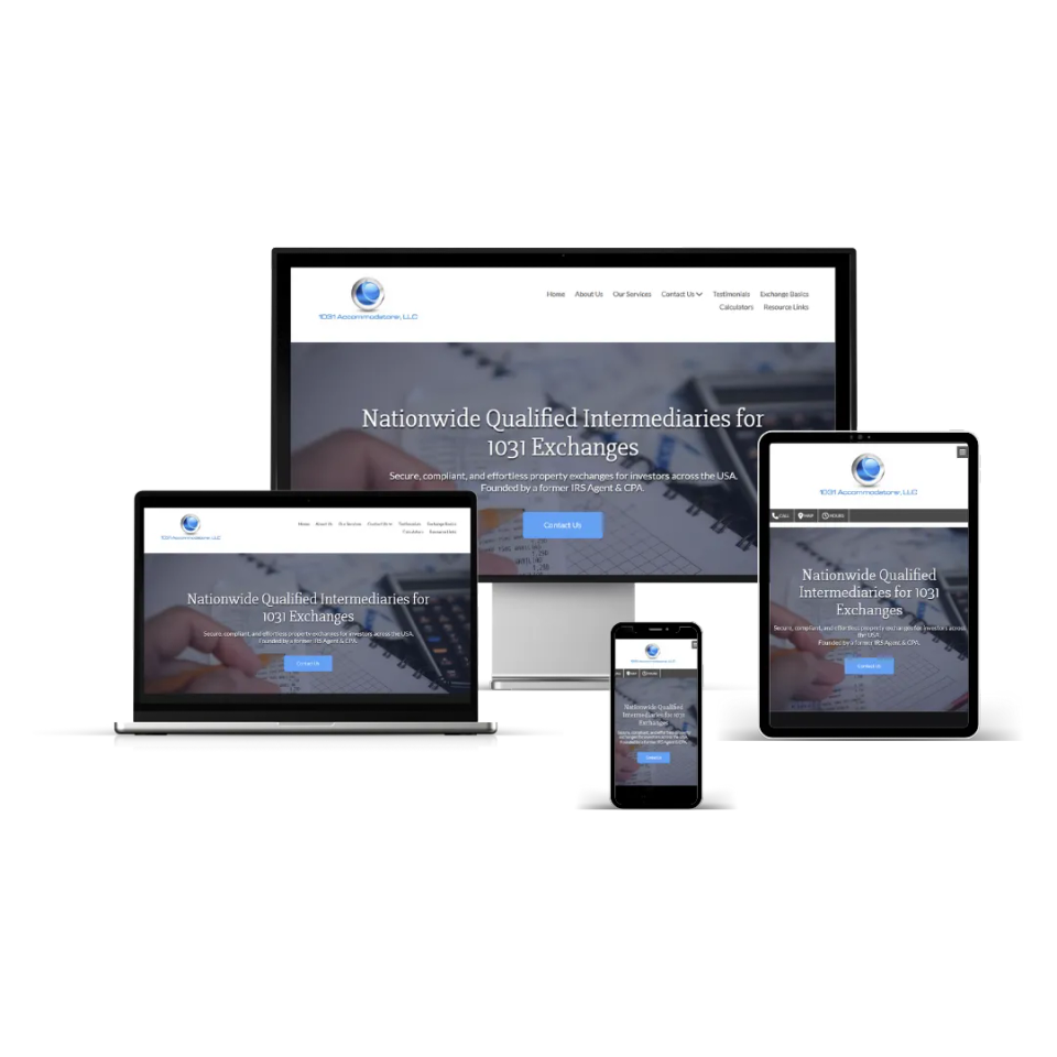 Responsive financial services website design displayed on desktop laptop and mobile for 1031 exchange qualified intermediaries