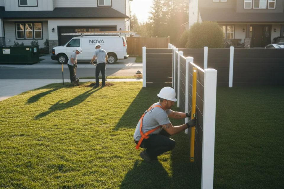 Nova Roofing + Construction LLC professional installer using a spirit level to ensure precision alignment of a modern horizontal composite privacy fence for a residential backyard.