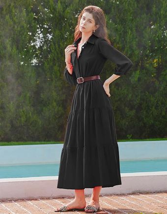 Flowy v neck maxi shirt dress – lightweight  ruffled   pocket friendly for effortless style black