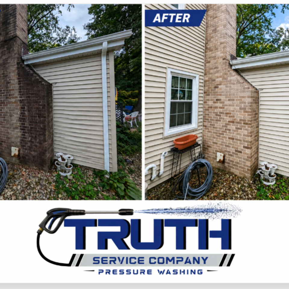 Before and after photos showing a stained brick chimney and siding cleaned with pressure washing.