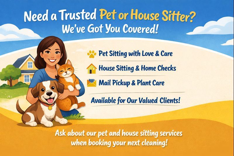 Promotional graphic for house and pet sitting services by C&M Cleaning, featuring a cozy home and pet icons in soft blue, yellow, and green tones