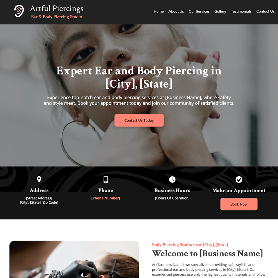 Body piercing website design theme