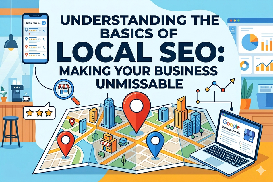 Local SEO guide illustration with city map pins, laptop with Google profile, and phone with search results.