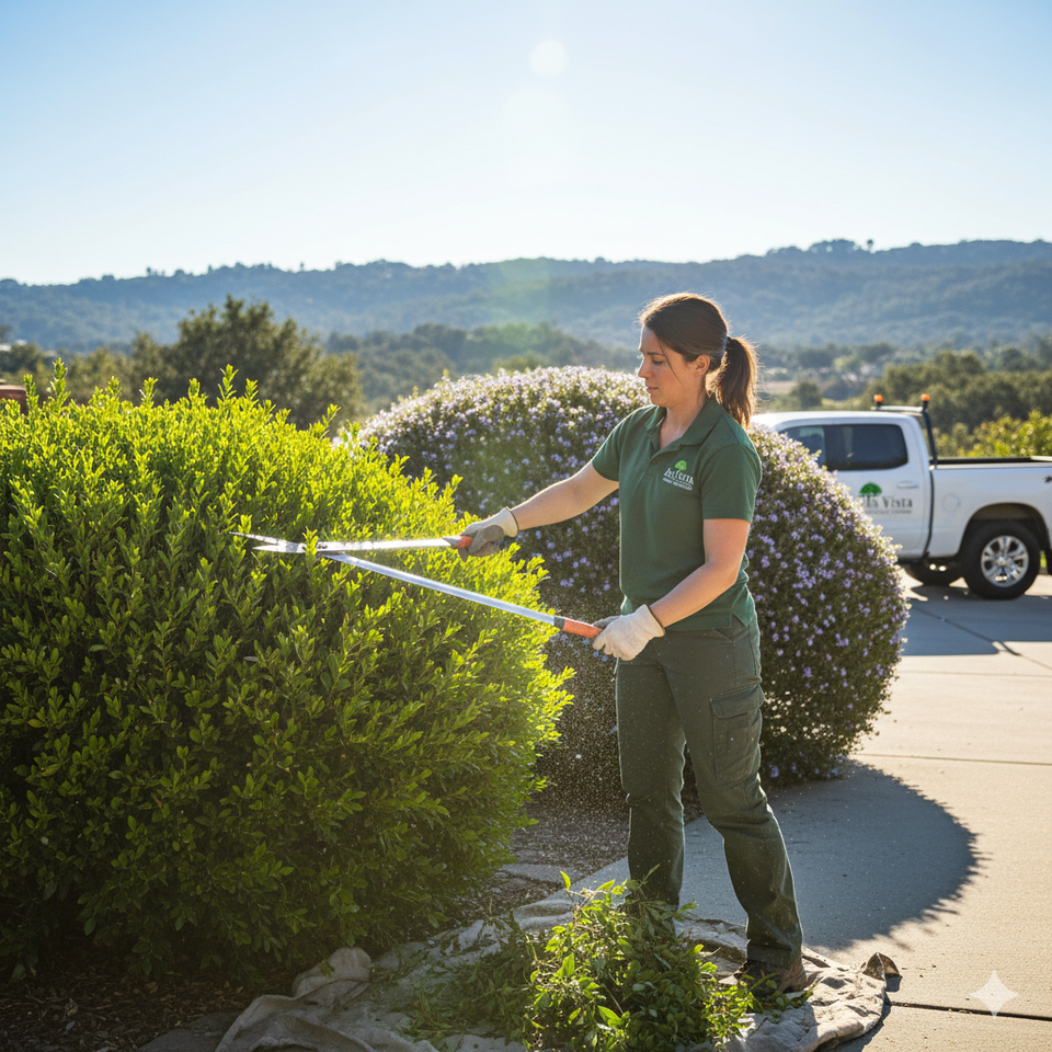 Professional landscaper performing precision shrub trimming on a native California lilac in a residential Folsom driveway, with an Alta Vista Landscaping service truck in the background