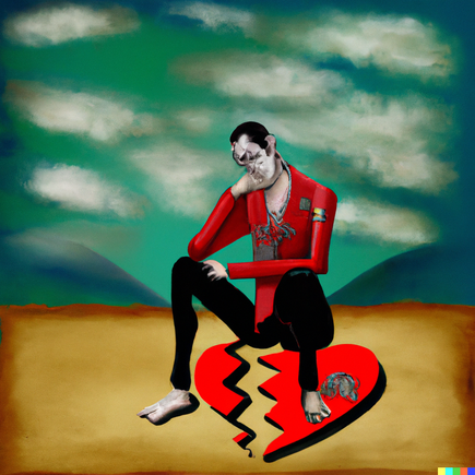 Dall·e 2023 06 01 10.32.46   make a gloomy background showing a man in pain crying on his knees holding a broken heart in the style of dali